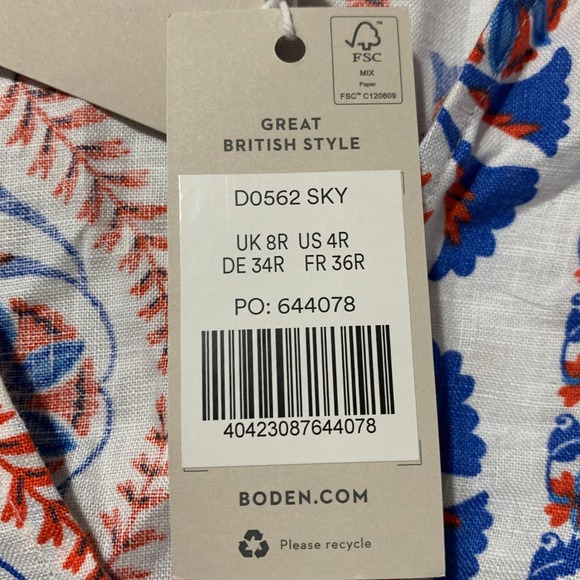 Boden Dress US 4R White Blue Red Blue Print Linen Long Sleeve Belted Boho Resort - Picture 13 of 16